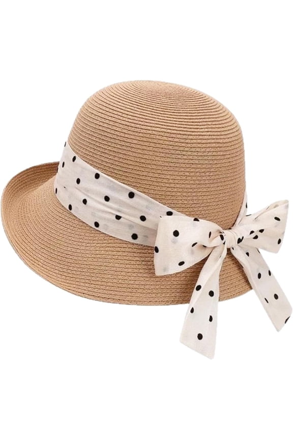 Women's French Sun-Hats UV-Protection Straw-Bowler-Hat Rolled-Narrow-Brim Polka-Dot-Bowknot Summer Travel Beach