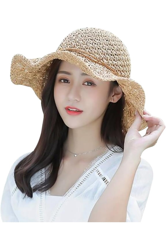 Women’s Hand Crochet Straw Sun Hat Packable Wide Brim Bohemia Beach Straw Hat Foldable Breathable Woven Summer Bucket Hat