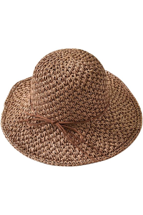 Women’s Hand Crochet Straw Sun Hat Packable Wide Brim Bohemia Beach Straw Hat Foldable Breathable Woven Summer Bucket Hat