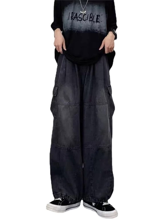 Women's High Waist Cargo Jeans Y2K Grunge Wide Leg Denim Pants Emo Goth Alternative Clothing Fairycore Streetwear