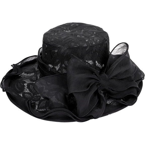 CoCoMangos Women’s Lace Organza Bow Hat Wide Brim Fascinator Bucket Hat Cocktail Tea Party Bridal Wedding Church Hat