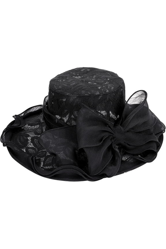 Women’s Lace Organza Bow Hat Wide Brim Fascinator Bucket Hat Cocktail Tea Party Bridal Wedding Church Hat