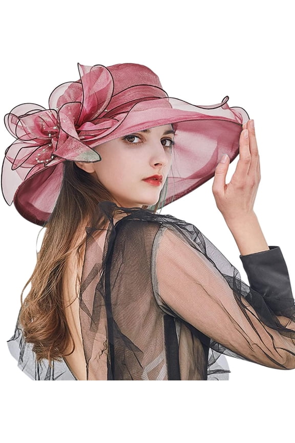 Women's Organza Kentucky Church Fascinator Hats UV Protection Wide-Brim Sun-Hats Wedding Tea Party Derby Cap