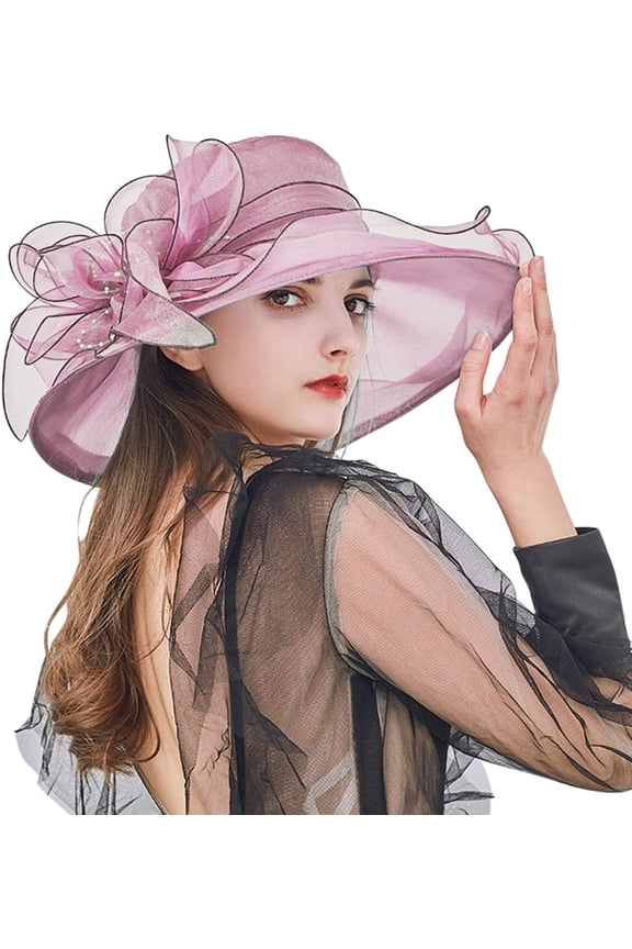 Women's Organza Kentucky Church Fascinator Hats UV Protection Wide-Brim Sun-Hats Wedding Tea Party Derby Cap