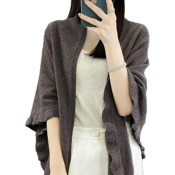 CoCoMangos Women's Ruffle Trim Knit Open Front Poncho Cape Shawl Cozy and Stylish Wraps LightWeight Pashmina Scarf for Cold Weather