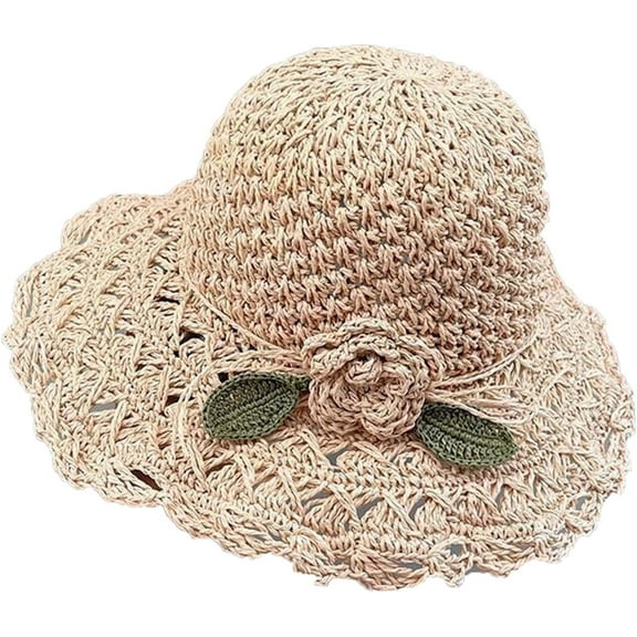 CoCoMangos Women's Ruffled Flower Straw Beach Visor Hats Summer Wide Brim UV Protection Sun Hats Foldable Floppy Cloche Caps