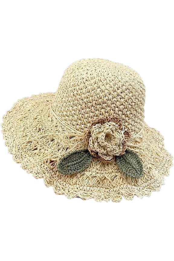 Women's Ruffled Flower Straw Beach Visor Hats Summer Wide Brim UV Protection Sun Hats Foldable Floppy Cloche Caps