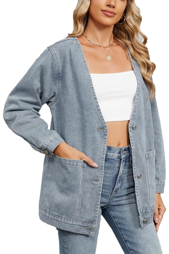 Women's V-neck Denim Jacket Long Sleeve Jackets Casual Button Jean Coat with Pockets