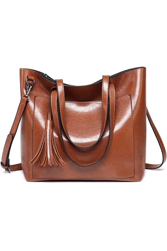 Women's Vintage Style Greased Pu Leather Work Tote Large Capacity Shoulder Bag with Tassel