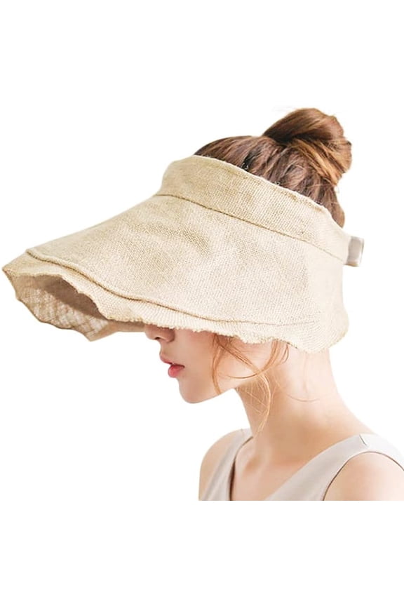 Women's Visor Ruffle Wide Brim UV Protection Sun Hat Roll-up Packable Cotton Linen Summer Beach Visor Cap Adjustable