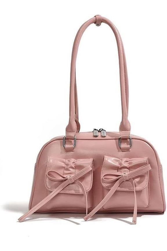 Women's Y2k Cute Retro Tote Bag Leather Double Pockets with Bow Shoulder Underarm Bag Clutch Purse Handbag Trendy