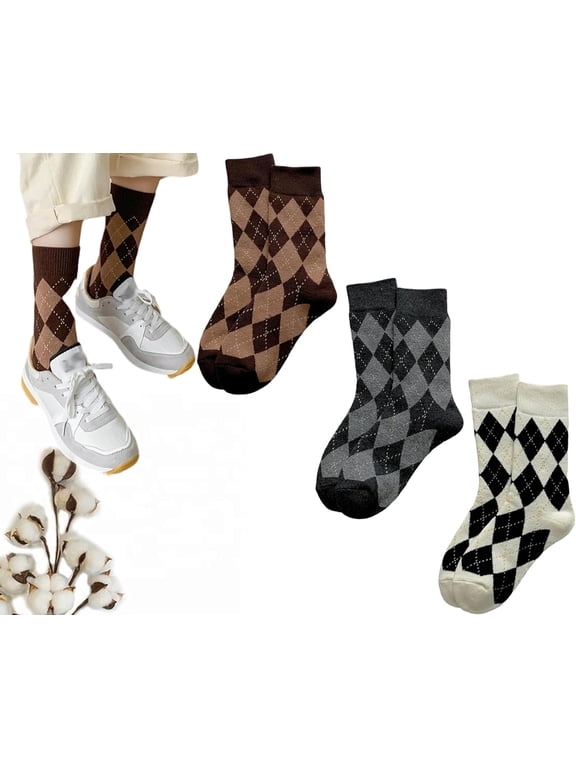 Womens Argyle Socks Casual Running Athletic White Grey Brown Plaid Crew Socks Size5-9