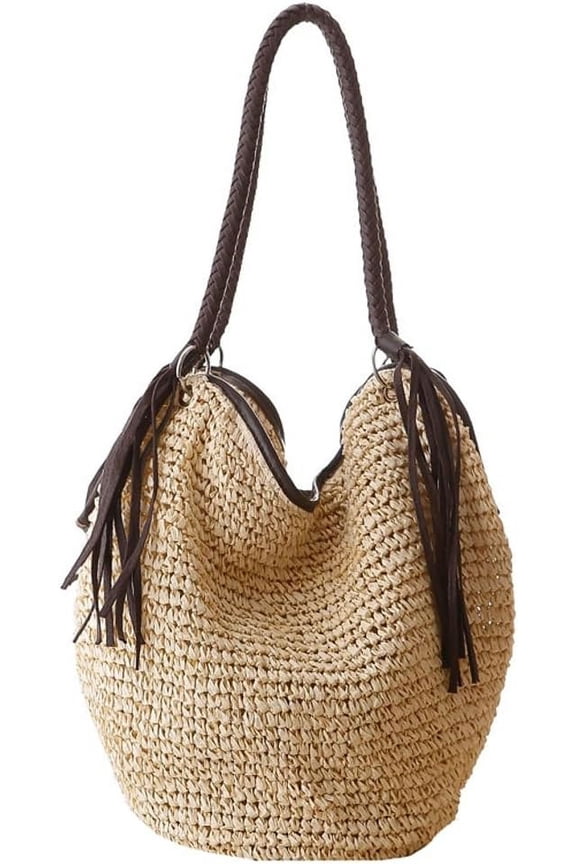 Womens Casual Straw Handbags Woven Shoulder Bag Large Bucket Tote Bag Summer Beach Top Handle Purse with Tassels