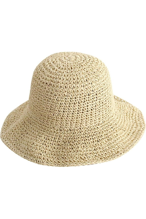 Womens Casual Summer Straw Bucket Beach Hats Fashion Floppy Foldable Crochet Sun Hats Outdoor Breathable Travel Hat
