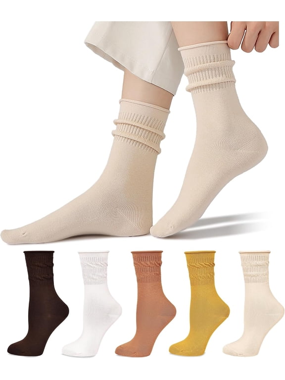 Womens Crew Socks 96% Cotton Slouch Socks Roll Top Cute Casual Soft Stretch Neutral Socks Aesthetic 5Pack