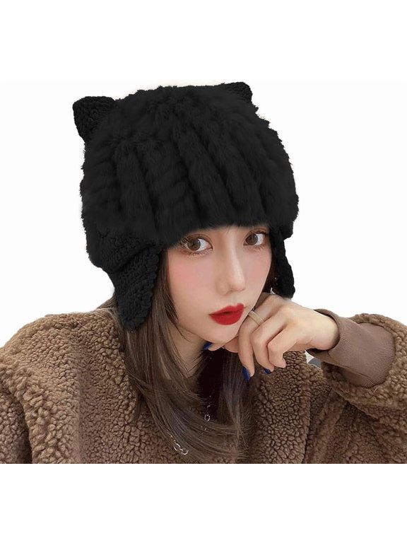 Womens Cute Cat Ear Plush Trapper Trooper Hat Faux Fur Russian Ushanka Hat with Earflap Winter Warm Bucket Cap
