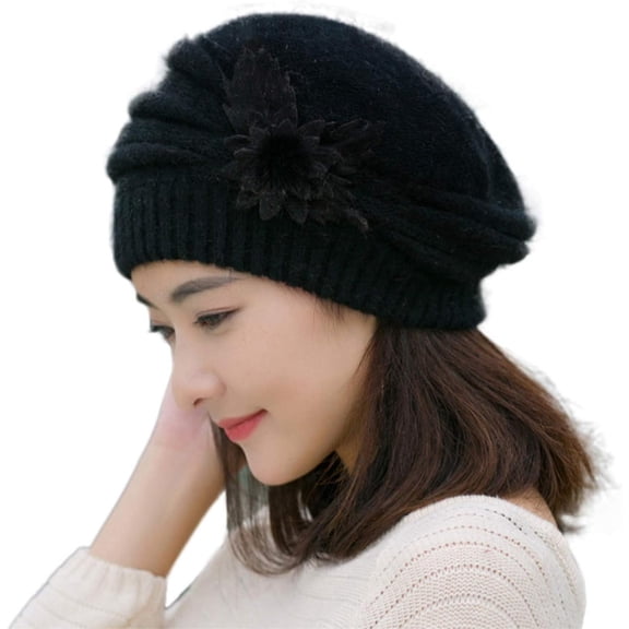 CoCoMangos Womens Fall Winter Soft Floral Beanie Hats Chunky Solid Color Windproof Skull Caps Cable Knit Slouchy Stocking Hat