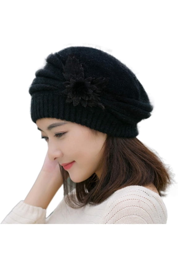Womens Fall Winter Soft Floral Beanie Hats Chunky Solid Color Windproof Skull Caps Cable Knit Slouchy Stocking Hat