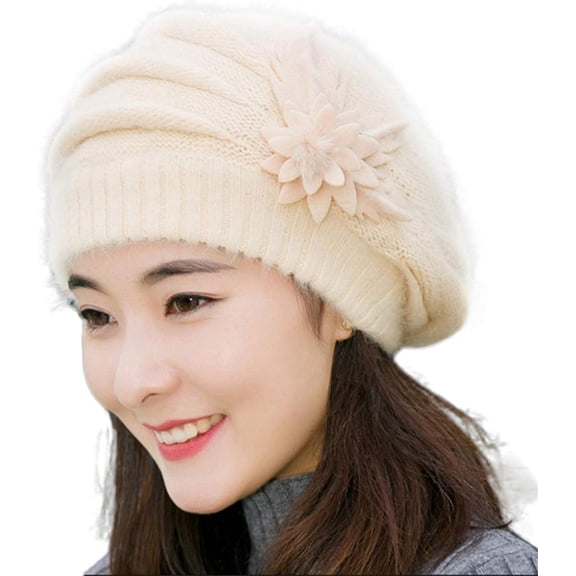 CoCoMangos Womens Fall Winter Soft Floral Beanie Hats Chunky Solid Color Windproof Skull Caps Cable Knit Slouchy Stocking Hat