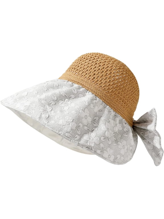 Womens Folable Floppy Hats Summer Wide Brim Breathable Adjustable Straw Hats Stylish Beach Sun Protection Hat with Big Bow