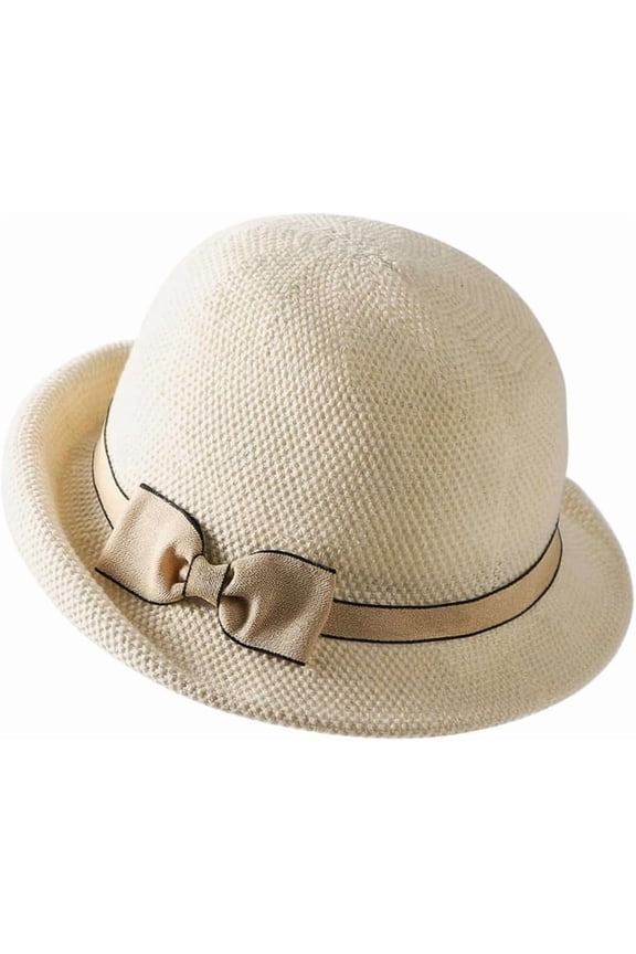 Womens Knitted Bowler Hats with Bowknot Short Brim Roll Up Cloche Church Hat Vintage Foldable Fedora Hat Beach Bucket Cap