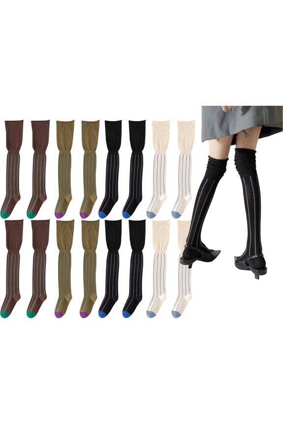 Womens Over Calf Knee High Thigh Socks Vintage Tube Striped Boot Slouch Knit Heel White Black Sock Size5-10