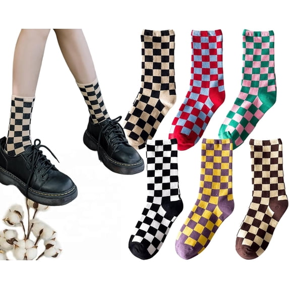 CoCoMangos Womens Plaid Vintage Socks Colorful Mixed Casual Running Checkerboard Crew Socks Cotton Size5-9.5