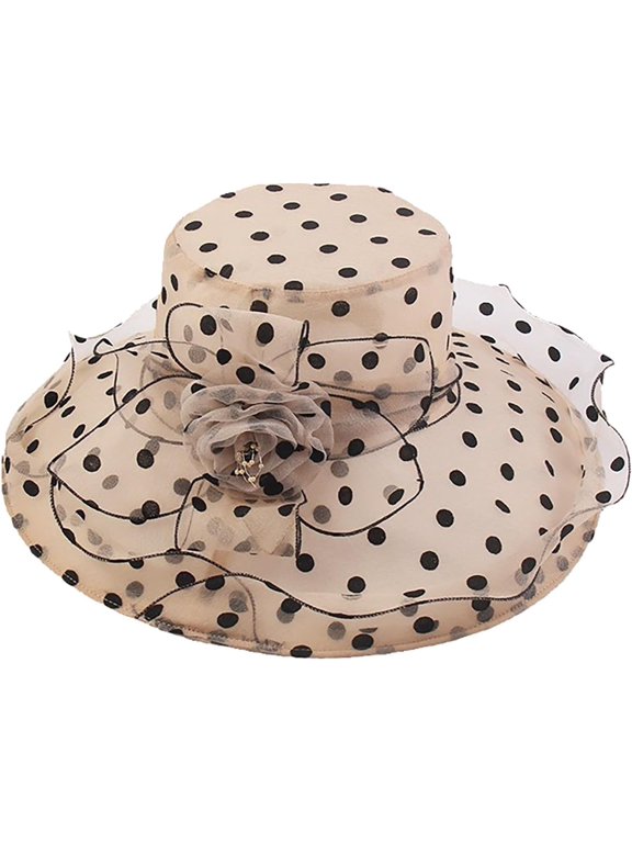 Womens Polka Dot Organza Church Hats Wide Brim Sun Caps with Flower Wedding Tea Party Kentucky Fascinator Derby Hats