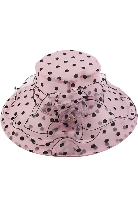 Womens Polka Dot Organza Church Hats Wide Brim Sun Caps with Flower Wedding Tea Party Kentucky Fascinator Derby Hats
