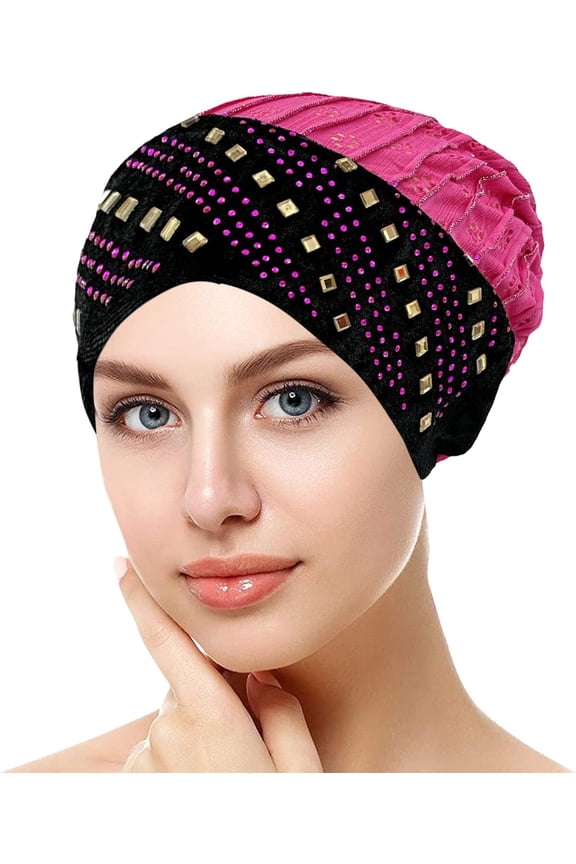 Womens Slouchy Turban Beanie Hats Comfy Cancer Chemo Sleep Bonnet Hats Baggy Stretch Hair Wrap Cap Headwear with Rhinestone