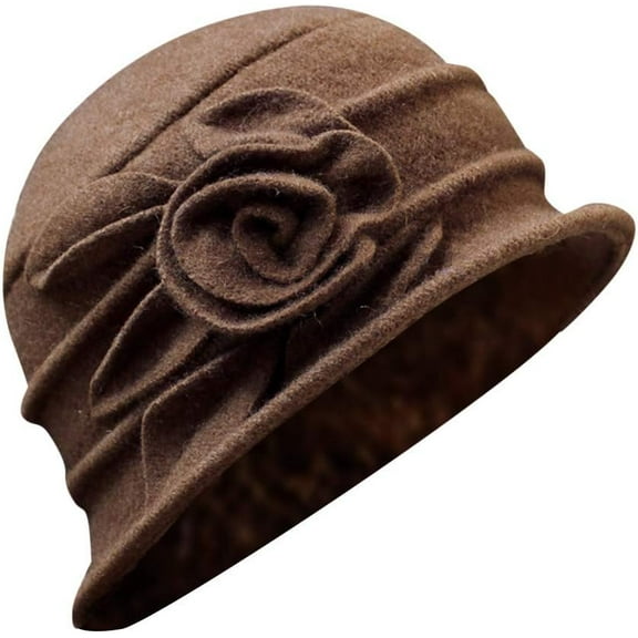 CoCoMangos Womens Solid Color Elegant Floral Dress Beanie Hats 1920s Vintage Church Cloche Bowler Hats Winter Warm Felt Bucket Hat