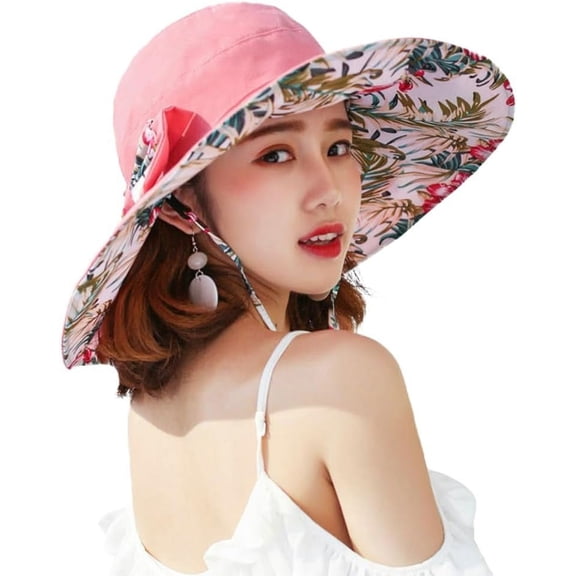 CoCoMangos Womens Summer Sun Hat Super Wide Brim Floral Beach Bucket Caps Reversible Foldable UV Protection Lady Hat Travel