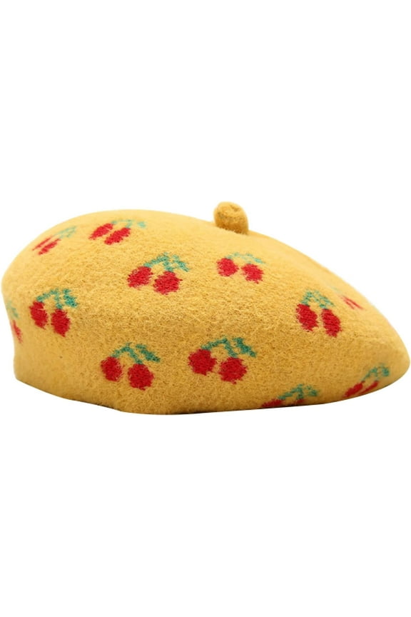 Wool Warm Beret Hats for Women Cute Cherry Design Hat Outdoor Fruit Painter Winter Autumn Bonnet Caps
