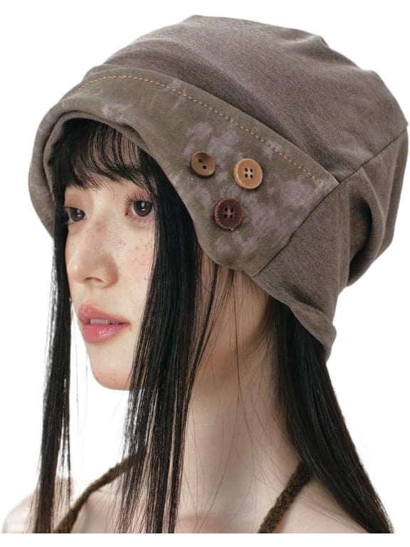 Y2K 2000s Grunge Beanie Gothic Patchwork Slouchy Hat Buttons Emo Streetwear Knit Cap Harajuku Alt Skullcap Headwear