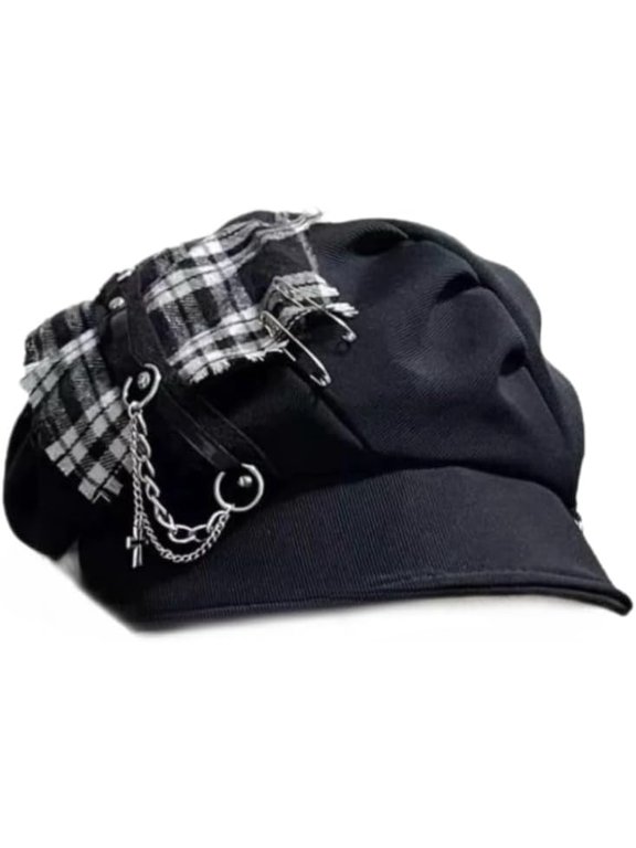 Y2K Gothic Beret Hat E-Girl Punk Aesthetic Plaid Patchwork Brim Cap Grunge Emo Streetwear Dark Academia Accessories
