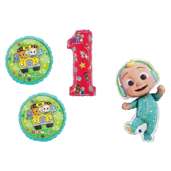 CoComelon 1st JJ Birthday Balloon Bouquet 4 Piece Mylar Foil Set Assortment
