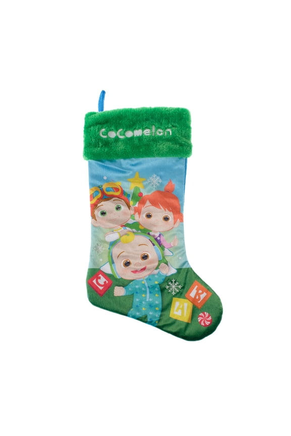 CoComelon 20 inch Velour Christmas Stocking, Polyester, Green, Christmas Decoration