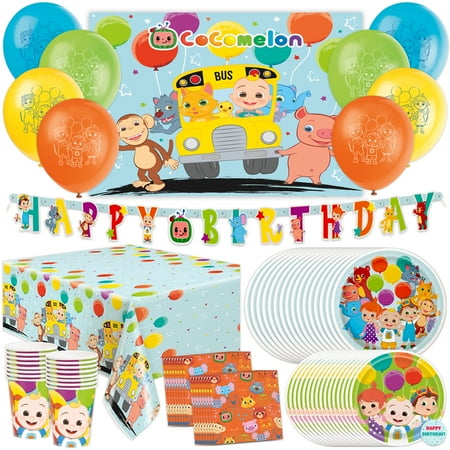 CoComelon Birthday Party Supplies and Decorations - Balloons, Backdrop, Banner, Tablecloth, Plates, Cups, Napkins, Sticker