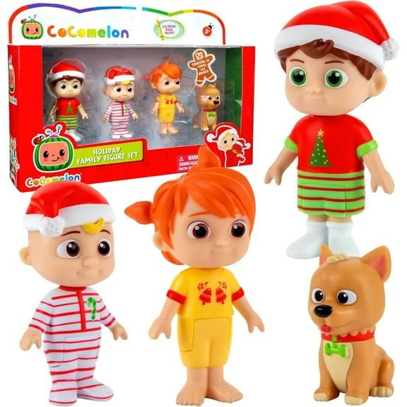 CoComelon Figure 4-Pack Toy Set - 3" Articulated Holiday Characters Include JJ, Tomtom, YoYo, & Bingo - Officially Licensed - Gift for Kids, Boys, Girls, Preschoolers