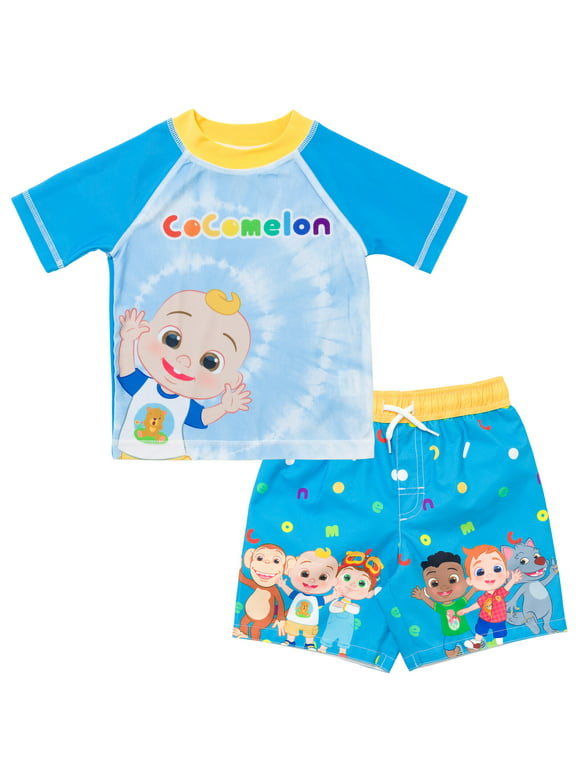 CoComelon Nico Tomtom Mochi JJ Wally Cody Infant Baby Boys Rash Guard and Swim Trunks Outfit Set Tie Dye Blue 12 Months