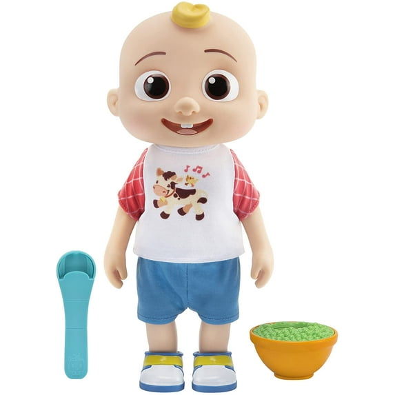 CoComelon Official Deluxe Interactive JJ Doll Exclusive Outfit with Sounds. Includes JJ, Shirt, Shorts, Pair of Shoes, Bowl of Peas, Spoon- Toys for Preschoolers