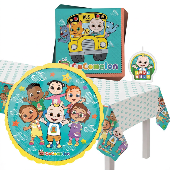 Amscan CoComelon Party Kit Birthday Theme, 16 Napkins, 54 x 96 Inch Table Cover, Birthday Candle, 28 Inch Round Balloon