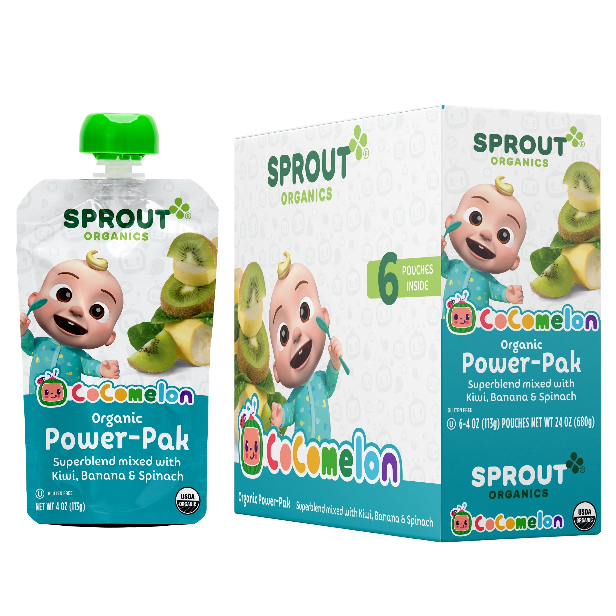 CoComelon Sprout Organics Power-Pak Toddler Food, Organic Kiwi, Banana & Spinach, 4 oz Pouches (6 Pack)