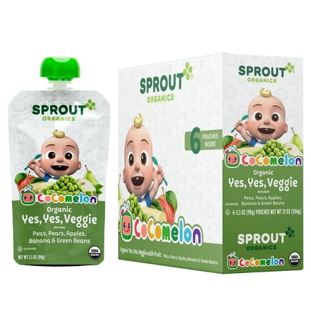CoComelon Sprout Organic Baby Food, Stage 3 Pouches, Yes, Yes, Veggie, 3.5 Oz Purees (Pack of 6)