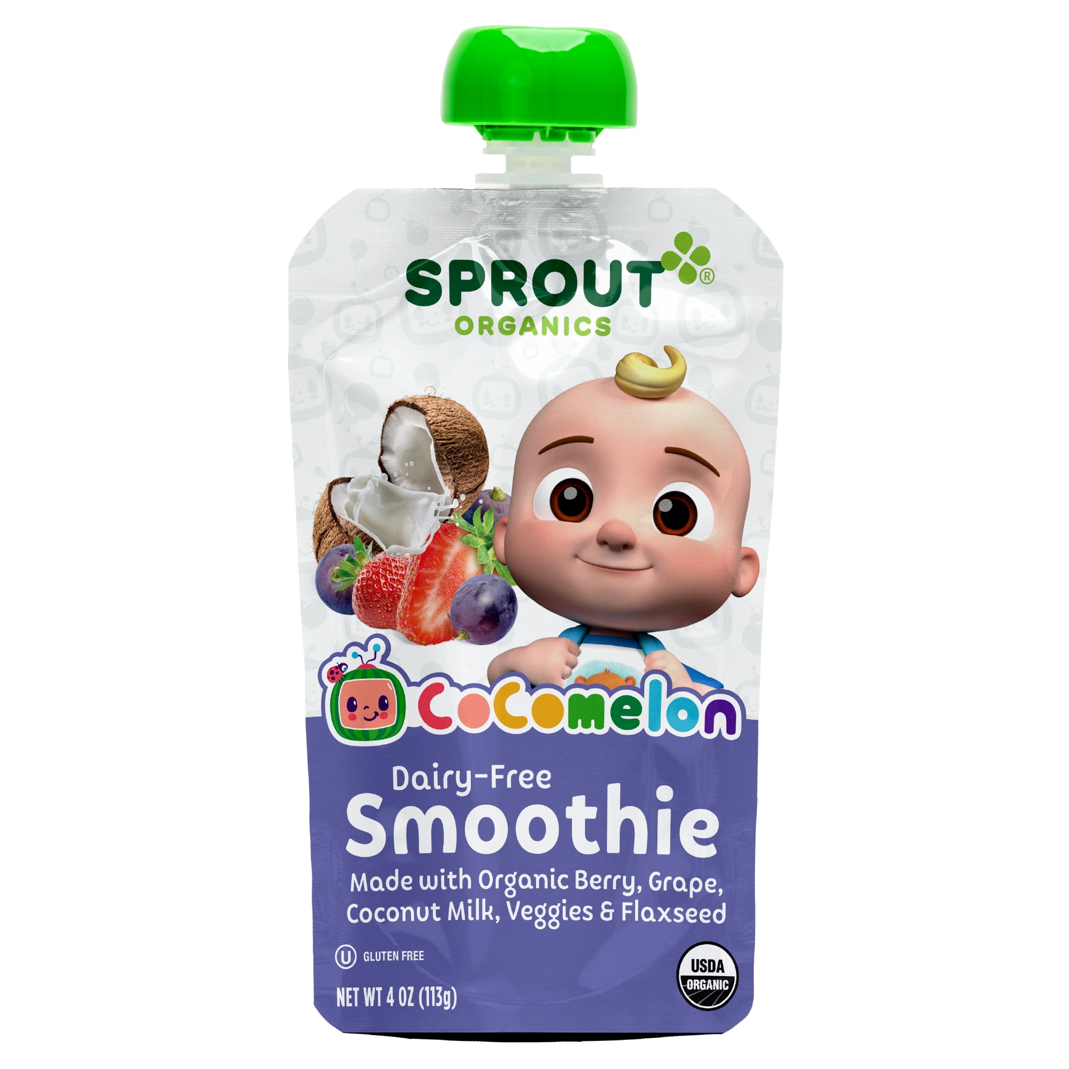 CoComelon Sprout Organics Toddler Food, Organic Berry Grape Dairy Free Smoothie, 4 oz Pouch