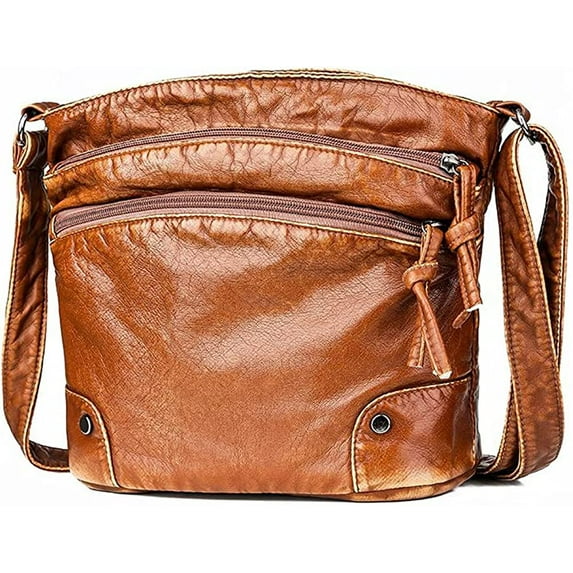 CoCopeanut Crossbody Bag for Women Three Zipper Pocket Single Shoulder Bag Leather Handbag Large Capacity Satchel