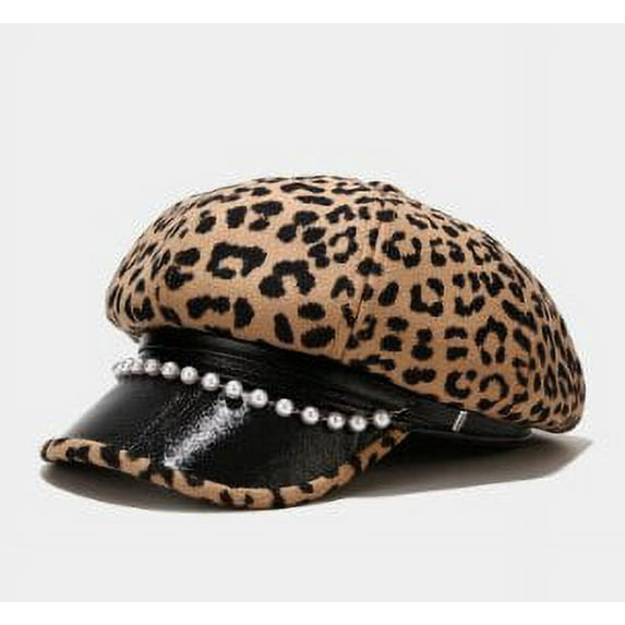 CoCopeanut Fashion Leopard Women Military Hat Spring Autumn Sailor Hats Ladies Beret Caps Flat Top Pearl Travel Cadet Octagonal Hat Outdoor
