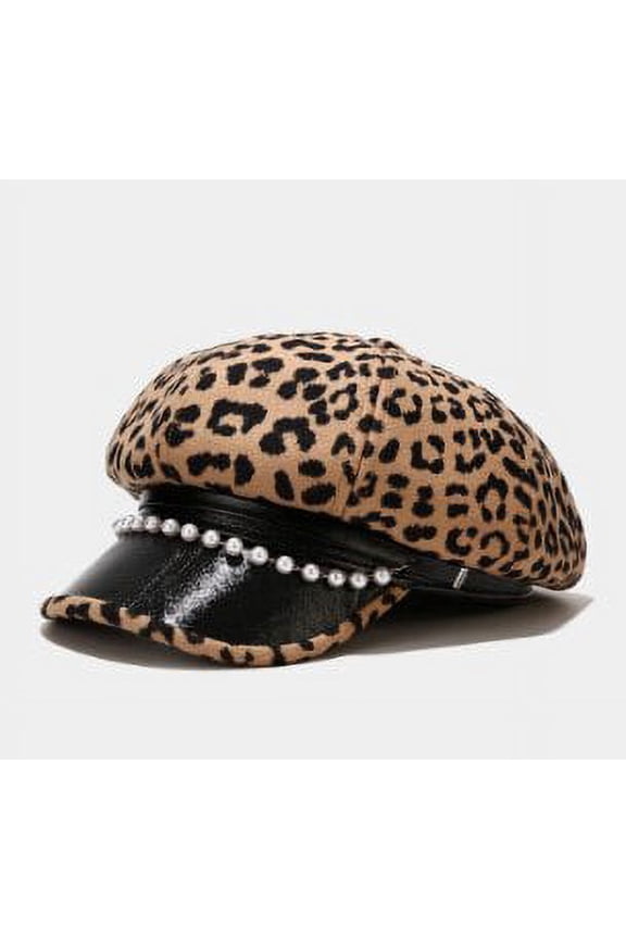 Fashion Leopard Women Military Hat Spring Autumn Sailor Hats Ladies Beret Caps Flat Top Pearl Travel Cadet Octagonal Hat Outdoor