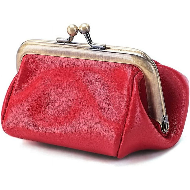 Cocopeanut Genuine Leather Clutch Bag for Women Kiss Lock Wallet Retro Coin Purse Coin Organizer Cute Purse, Adult Unisex, Size: Standard, Red