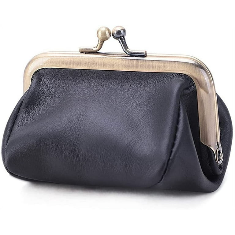 Cocopeanut Genuine Leather Clutch Bag for Women Kiss Lock Wallet Retro Coin Purse Coin Organizer Cute Purse, Adult Unisex, Size: Standard, Black